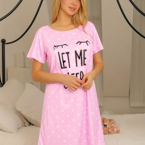 Women's Polka Dot Short Sleeve Letter Print Crew Neck Pajama Dress