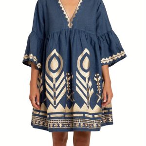 Women Summer Nightgown 3/4 Sleeve V Neck Pattern Print Short Loose Fit Nightdress