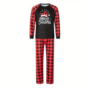 Christmas Pajamas Matching Set Letter Santa Hat Print Long Sleeve Tops and Plaid Pants Sleepwear