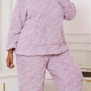 Plus Size Women's Winter Pajamas Fuzzy Outfit Solid Color Long Sleeve Hood Pullover with Long Pants Fleece Pjs