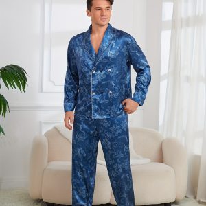 2 Pieces Men's High-end Floral Print V-neck Button Long Sleeve Shirt & Trousers Pajama Set, Comfortable & Skin-friendly Style Men's Cozy Loungewear