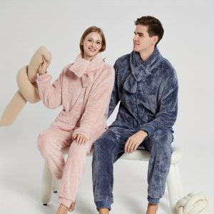 Ultra-Soft 3pcs Coral Fleece Pajama Set for Men & Women - Thick, Warm Autumn/Winter Sleepwear with Cardigan, Machine Washable