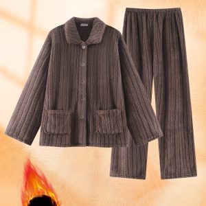 2 Pcs Men's Solid Warm Plush Lapel Button Long Sleeve & Trousers Pajama Set, Comfortable & Skin-friendly Style Men's Cozy Loungewear