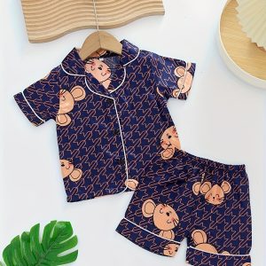 2pcs Girls Pajamas Family Outfit Cartoon Mouse Abstract Graphic V-neck Button Short Sleeve Top & Elastic Waist Shorts Set Kids Summer Clothes