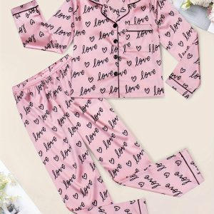 2-Piece Set Autumn and Winter Love Heart Printing Pajamas Comfortable Satin Cardigan Lapel Long Sleeve Top Trousers 8-12 Years Old Middle and Big Children Girls Suit Homewear