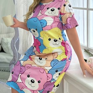 Plus Size Cartoon Bear Print Short Sleeve Sleep Dress for Women