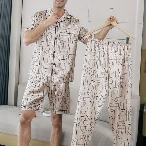 3 pcs 3-Piece Men's Casual Letter Print Short Sleeve Pajama Set, Summer Lounge Wear with Elastic Waist Shorts and Pants