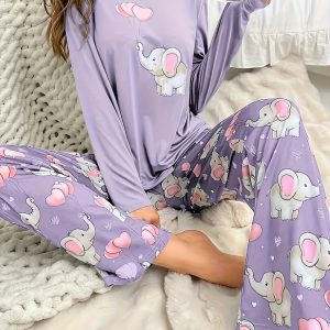 2pcs Autumn and Winter Women's Pajamas Set with Long Pants + Top with Balloon Elephant Pattern