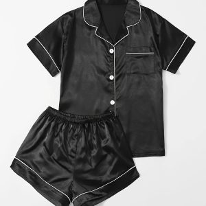 Women's Satin Pajama Set - Short Sleeve Button-Down Top & Shorts, Relaxed Fit