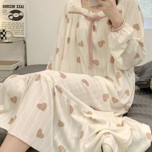 Heart Print NightDress, Cute Long Sleeve Square Neck Pajama Dress, Women's Sleepwear & Dresses