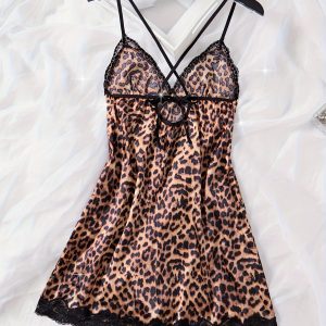 Leopard Print Split Pajama Loungewear, Lace Up Women's Sexy Night Dresses