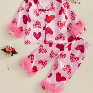 Girls 2PCS Valentine's Day Pajama Sets Long Sleeve Lapel Heart Print Shirt Pants Sleepwear