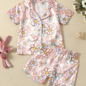 Adorable Flower & Bunny Print Pajama Set - Button Down Short Sleeve Shirt + Shorts - Baby Girls Loungewear Set