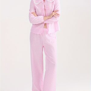 Women's Fall Loungewear Set Plaid Print Doll Collar Long Sleeve Tie Front Shirt with Elastic Waist Pants Sleepwear