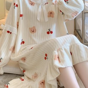 Cartoon Bear Print Fuzzy NightDress, Cute Long Sleeve Crew Neck Ruffle Pajama Dress, Women's Sleepwear & Dresses