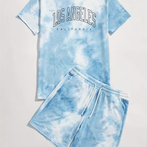 2 pcs Trendy Tie-Dye Men's Pajama Set - 2-Piece Short Sleeve T-Shirt & Shorts for Men's Comfortable Loungewear