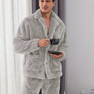 Men's Plush Flannel Pajama Set with Pockets - Soft Warm Cozy Loungewear for Sleep