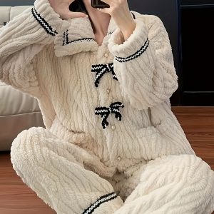 Casual Solid Bow Knot Decor Fleece Jacquard Pajama Set, Thickened Long Sleeve Button Up Lapel Collar Pocketed Top & Elastic Pants, Women's Sleepwear & Loungewear