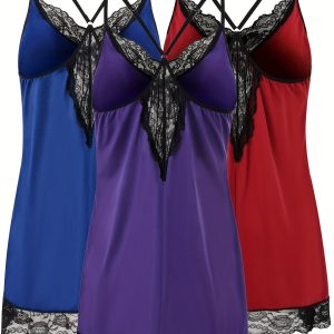 3 pack three piece Plus Size Lace Racerback Sleep Dress Set - 3-Piece Valentine's Nightwear for Women