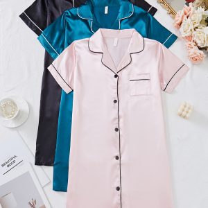 3 pcs 3-Piece Women's Satin Sleepwear Set: Short Sleeve Button-Down Shirt Dress, Comfortable Nightgown