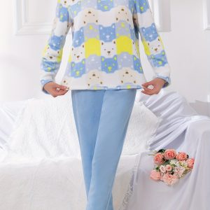 Women's Autumn And Winter New Fleece Flannel Pajama Set Elegant Cute Cartoon Bear Print Crew Neck Trousers Long Sleeve Comfortable Casual Home Warm Loungewear Set