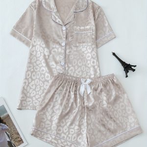 Luxury Leopard Jacquard Satin Pajama Set - Women's Short Sleeve Button-Up Top & Elastic Shorts