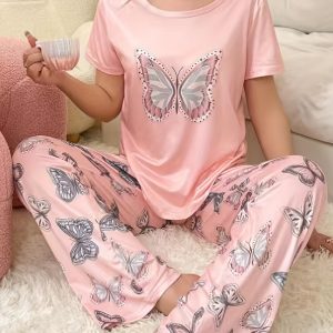 Women's Butterfly Print Short Sleeve Pajama Set with Elastic Waist Pants