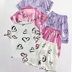 3pcs 3-Piece Girls' Heart Pattern Short Sleeve Pajama Set, Spring/Summer/Autumn Sleepwear