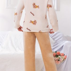 Women's Autumn And Winter New Flannel Pajama Set With Fleece Warm Pants Long Sleeve Bear Print Collar Contrast Casual Cute Loose And Comfortable Loungewear Set Can Be Worn Outside