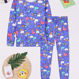 Youngsters' Cozy Lamb Print Pajama Set - Flame-Resistant, Long Sleeve & Pants Loungewear for Boys and Girls, Soft Knit Fabric, Machine Washable