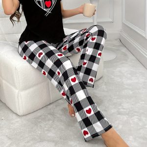 Women's Plaid Print Short Sleeve Pajama Set, Relaxed Fit Top & Pants, Comfortable Sleepwear