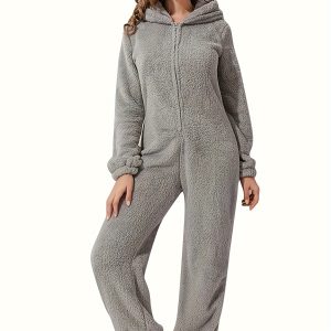 Women's Wool Jumpsuit Zipper Warm Fluffy Pajamas Long Sleeve One-piece Hooded Pajamas Plush One-piece Pajamas