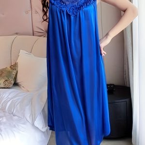 Women's Elegant Solid Satin Applique Sleepwear Dress, Round Neck Sleeveless Tank Dress, Comfortable Nightgown