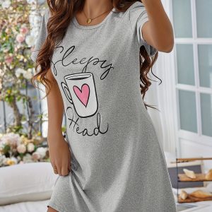 Women's Cup & Letter Print Short Sleeve Crew Neck Pajama Dress